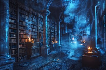 A spooky library filled with ancient books, flickering candles, and ghostly apparitions, creating an eerie and mysterious atmosphere