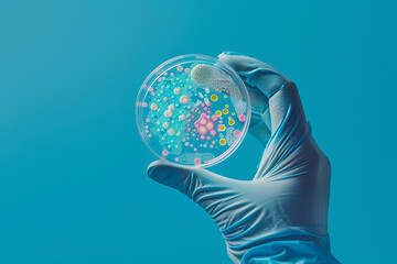 Doctor's hands in medical gloves hold a petri dish with bacteria