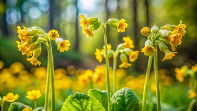 Vibrant yellow cowslip flowers bloom on three slender stems amidst lush green foliage in a serene natural outdoor setting.