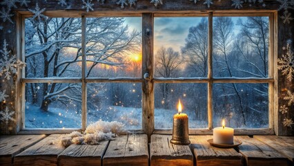 Fototapeta premium Frosty windowpane overlooks snowflakes gently falling onto barren trees behind an abandoned, worn, old wooden table, adorned with candle remnants.