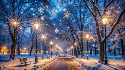 Snowflakes gently fall on a tranquil winter night in a deserted city park, illuminating trees and walkways with soft blue light.