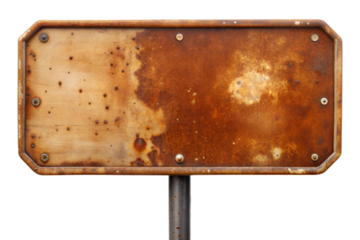 An ancient weathered and rusty sign board isolated on white background