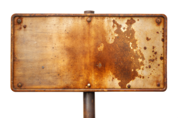 An ancient weathered and rusty sign board isolated on white background