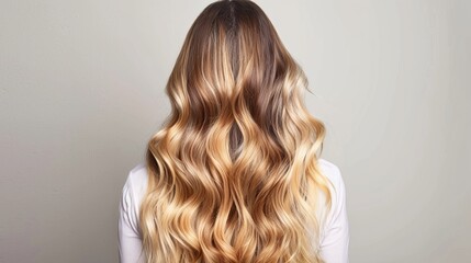 Naklejka premium Blonde hair model with back view of wavy and well-groomed hair, showcasing a trendy and stunning hairstyle. Perfect for beauty and fashion concepts. Simple studio background with soft lighting. AI