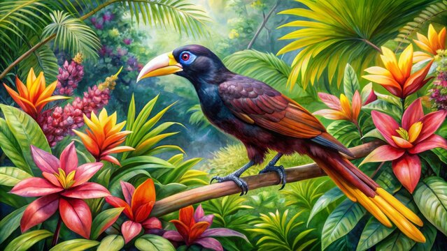 Vibrant watercolor depiction of a solitary crested oropendola perched on a tropical branch, surrounded by lush green foliage and exotic flowers.