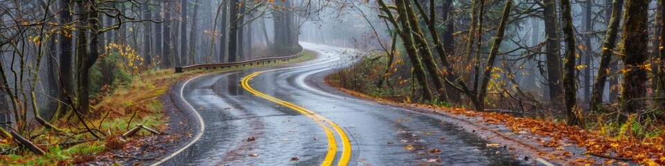Obraz premium Hailstorm on a Winding Road with Yellow Line in a Forest. Ideal for Travel, Scenic Routes, and Outdoor Adventures. Perfect for Seasonal Themes like Summer, Autumn, Spring, and Four Seasons. AI-Generat