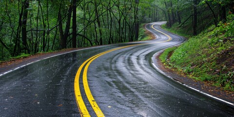 Obraz premium Hailstorm on a Winding Road with Yellow Line in a Forest. Ideal for Travel, Scenic Routes, and Outdoor Adventures. Perfect for Seasonal Themes like Summer, Autumn, Spring, and Four Seasons. AI-Generat