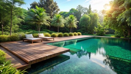 Serenene atmosphere surrounds a sleek minimalist pool featuring a floating wooden platform amidst calm turquoise waters and lush green surroundings.