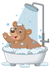 Naklejka premium Cute Bear Cartoon Bathing In Bathtub. Animal Nature Icon Concept Isolated Premium Vector. Vector Illustration