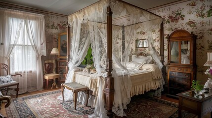 A guest room with a romantic, vintage style, featuring a canopy bed with lace drapes, antique furniture, floral wallpaper, and a large window with lace curtains.