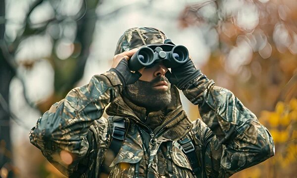 A man in full camouflage stands looking through binoculars while bowhunting 4K Video