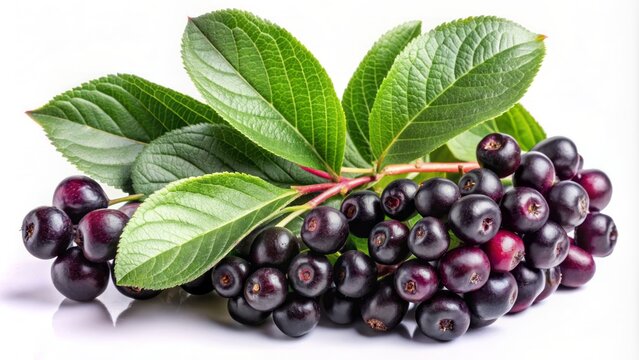 Vibrant chokeberry branch with lush green foliage and clusters of ripe, juicy purple berries isolated against a pure white backdrop.