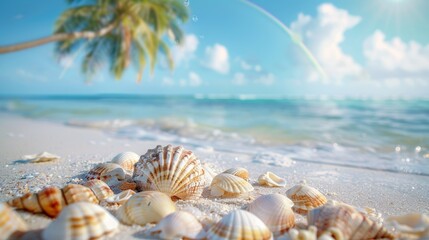 A beach with many shells on the sand and a palm tree, AI