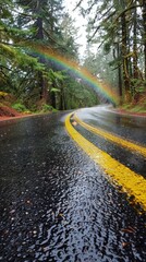 Obraz premium Rainy Day with Rainbow over a Winding Road with Yellow Line in a Forest. Ideal for Travel, Scenic Routes, and Outdoor Adventures. Perfect for Seasonal Themes like Summer, Autumn, Spring, and Four Seas