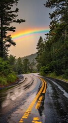 Rainy Day with Rainbow over a Winding Road with Yellow Line in a Forest. Ideal for Travel, Scenic Routes, and Outdoor Adventures. Perfect for Seasonal Themes like Summer, Autumn, Spring, and Four Seas