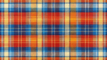 Vibrant arrangement of blue, orange, red, yellow, and beige tartan checks for modern fashion textile designs on flannel shirts and more.