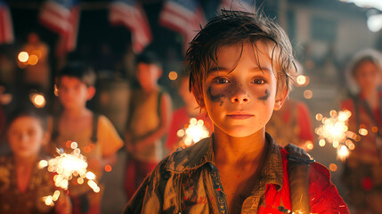 A young boy with sparklers, capturing the joy of Independence Day the Fourth of July, American flags on background.