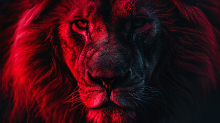 A menacing lion in dark red gradient colors against a dark background