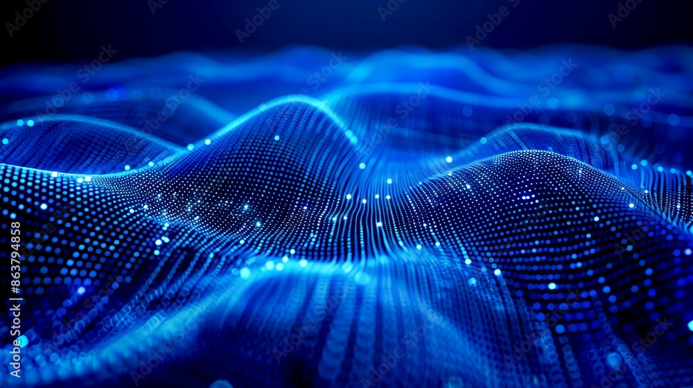 Poster abstract digital waves and particles. futuristic landscape style. blue dynamic network background. c
