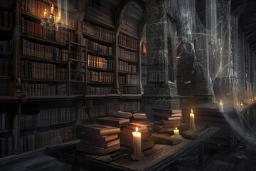A spooky library filled with ancient books, flickering candles, and ghostly apparitions, creating an eerie and mysterious atmosphere