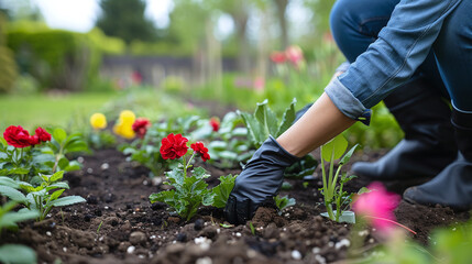 Fototapeta premium Female gardener planting flower in flowerbed in yard