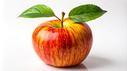 Vibrant red and yellow striped apple with a sturdy stem and single leaf, isolated on a plain background, evoking freshness.