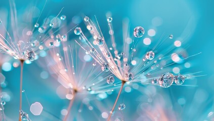Macro shot of dandelion seeds covered in dew drops, set against a soft blue background, highlighting natural beauty and delicate details.