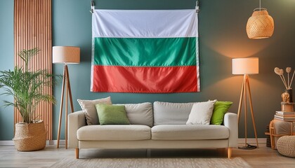 The flag of Bulgaria hangs in the living room at home. The flag is in house.