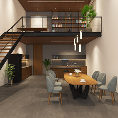 3d render of modern loft interior design living, dining, pantry and work area with frame mock up. Gray cement tile floor, white wall and wood ceiling. Set 11