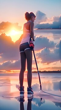 Girl holding a innebandy stick waiting to play a game at sunset 4K Video