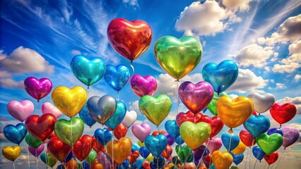 Vibrant multicolored heart-shaped balloons filled with shimmering helium float gently against a serene blue sky with puffy white clouds.