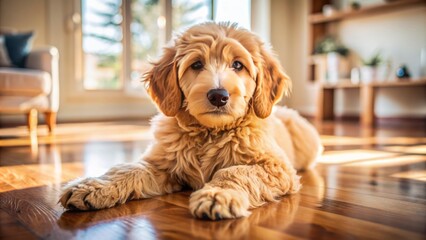 Adorable golden doodle puppy relaxing on polished hardwood floor amidst warm cozy home surroundings exuding love care and natural innocence.