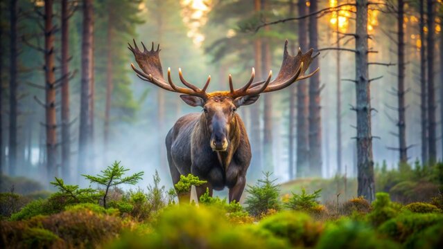 Majestic large male bull moose Alces alces with impressive antlers roams freely in misty deep forest of rural Sweden.