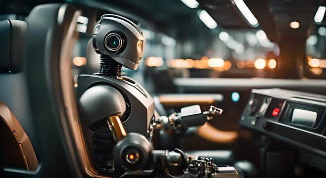 Robot driving a vehicle. Chauffeur robot.
