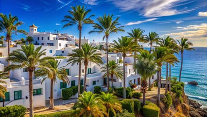 Fototapeta premium Serene tropical seascape featuring whitewashed Mediterranean-style houses nestled among swaying palm trees against a vivid blue sky backdrop.