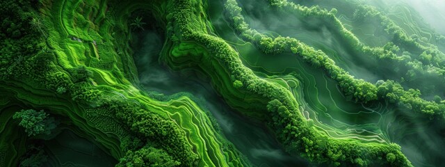 Fototapeta premium An aerial view of lush, green rice terraces carved into a hillside, creating a mesmerizing pattern. 