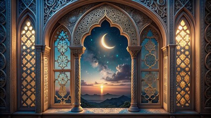 Ethereal window with intricate carvings and ornate details illuminated by soft lunar glow of crescent moon in dark night sky.