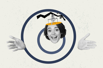 Creative picture collage young smiling laughing girl human hands economy charts decrease inflation...