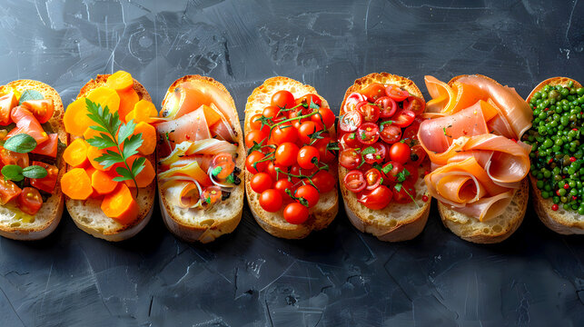 Assorted bruschetta with fresh toppings including cherry tomatoes, carrots, ham, and peas on crusty bread, arranged on a dark background