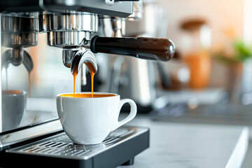 A modern espresso machine brewing a fresh cup of coffee, representing a cozy cafe atmosphere