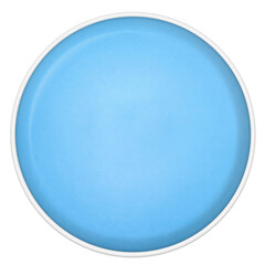 中央に光が当たる白い縁付きの立体的な水色の丸いボタン