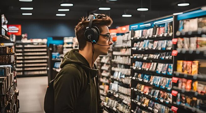 Young man in a comic store.