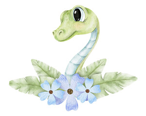 Fototapeta premium Cute little snake, flowers and leaves. Isolated hand drawn watercolor Baby illustration. Clipart for kid's goods, clothes, textiles, postcards, poster, baby shower and children's room