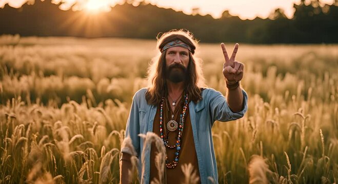 Hippie man making the peace sign.