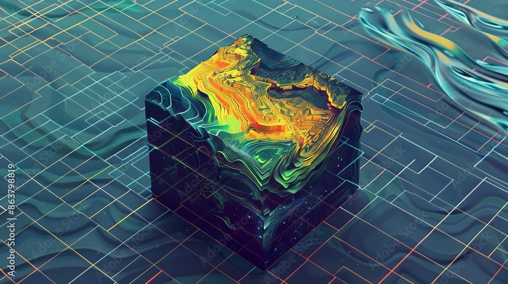 Poster abstract cube with vibrant liquid patterns on a digital grid background. this artistic image feature