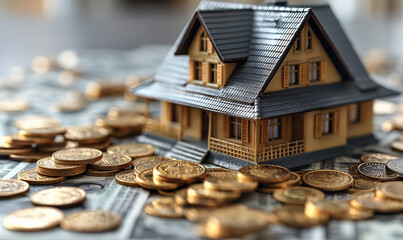 Model House on Coin Pile. Generative AI