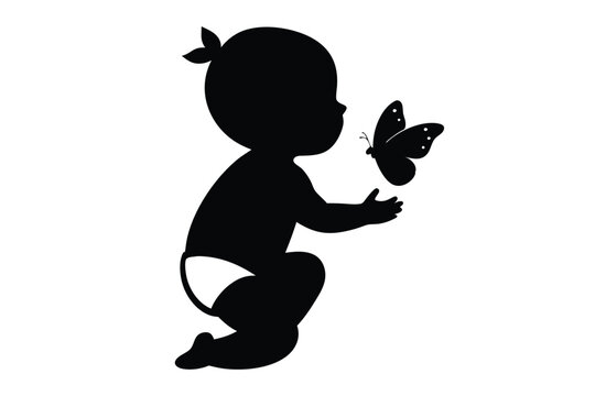 recommend clip art: Baby in a diaper holding a butterfly silhouette illustration