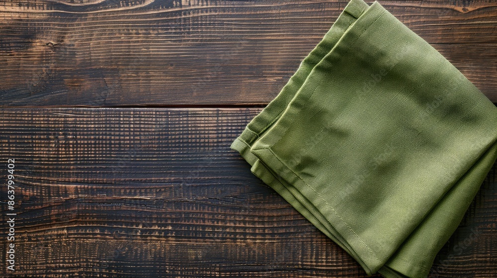 Poster green kitchen napkin in top view on isolated table background with folded cloth for mockup and copy 
