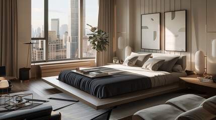 A guest room with a sophisticated, modern design, showcasing a low platform bed with monochrome bedding, sleek furniture, geometric accents, and a large window with city views.