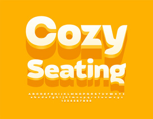 Vector cute banner Cozy Seating. Stylish White 3D Font. Modern Alphabet Letters and Numbers.